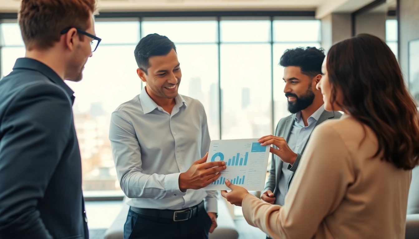Engaging real estate agent advising clients in a modern office setting.