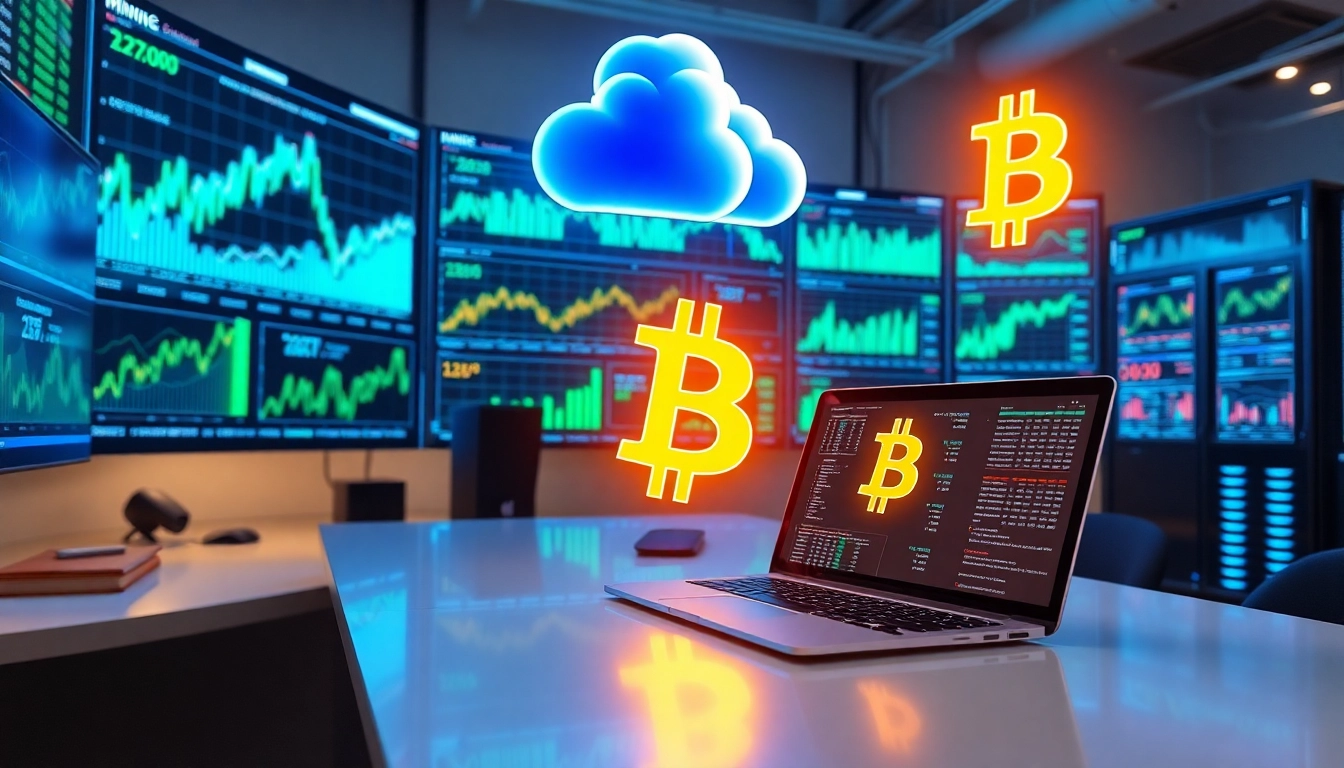 Visual representation of bitcoin cloud mining showcasing modern technology and cryptocurrency charts.