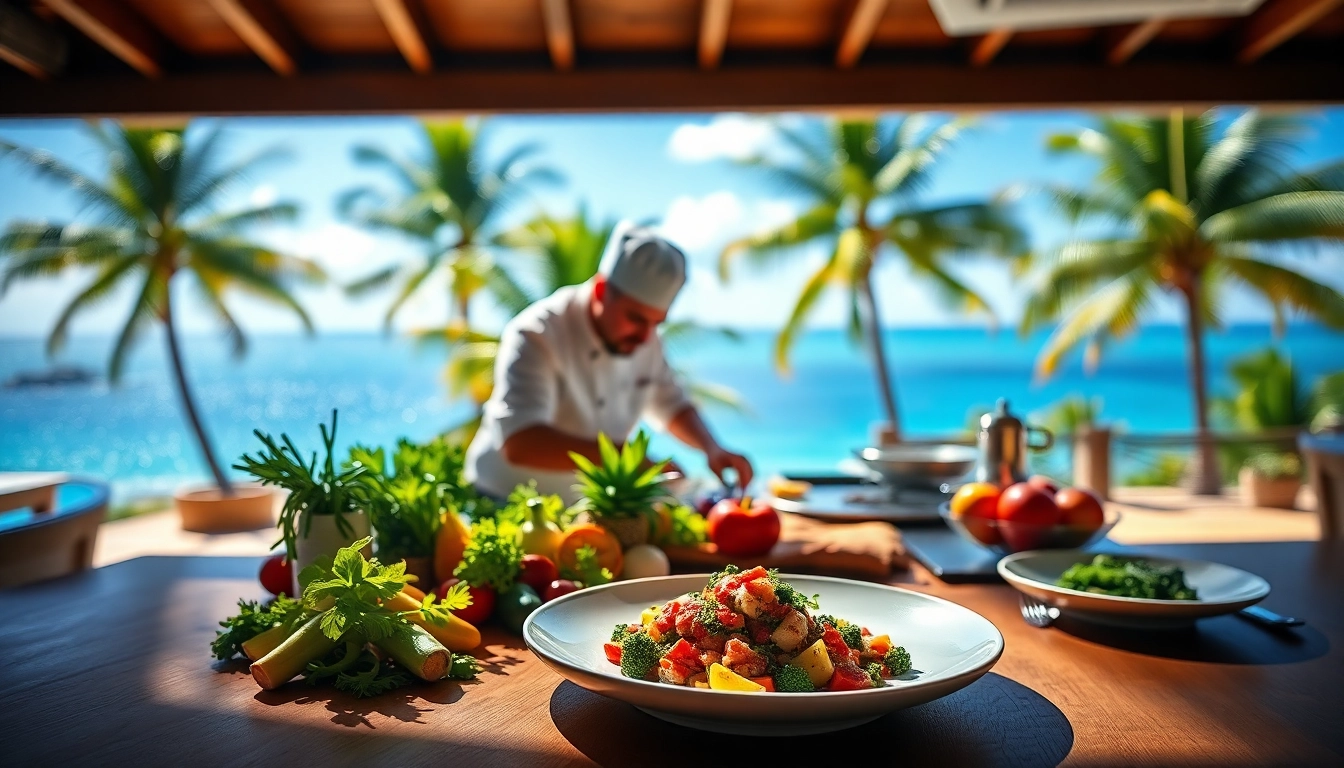 St Martin Private Chef expertly preparing a gourmet dish with fresh ingredients in a luxury kitchen.