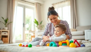 Nanny Abu Dhabi providing attentive care while playing with a child in a sunny home environment.