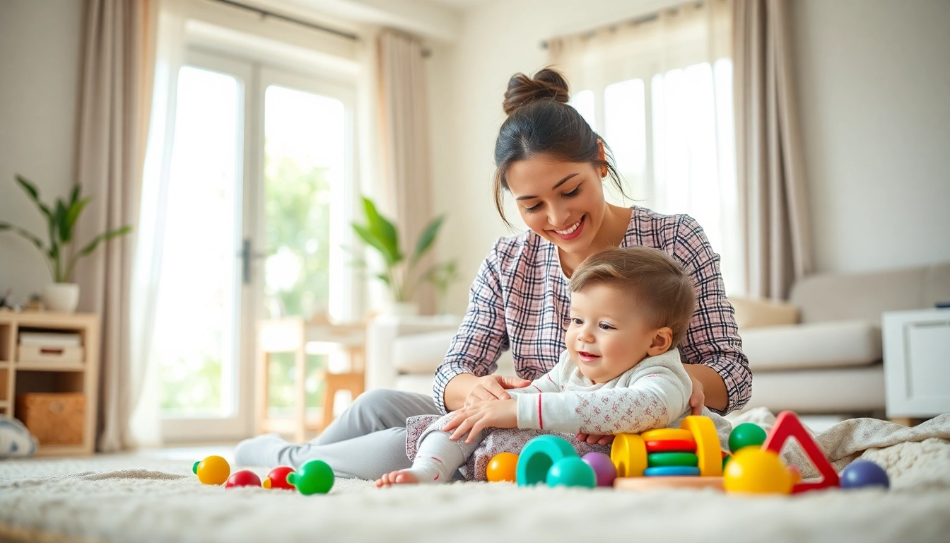 Nanny Abu Dhabi providing attentive care while playing with a child in a sunny home environment.