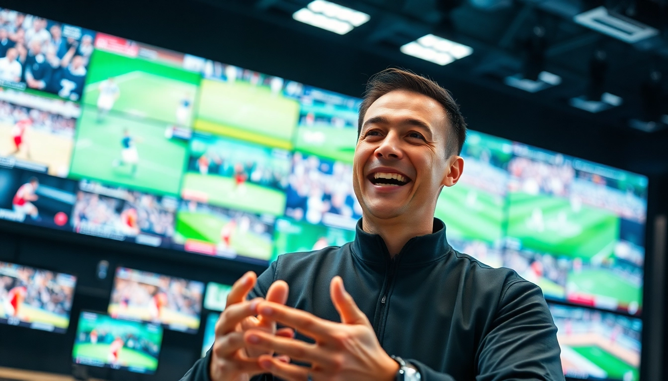 스포츠중계 프로 스포츠 해설자가 생동감 있게 이야기하는 모습