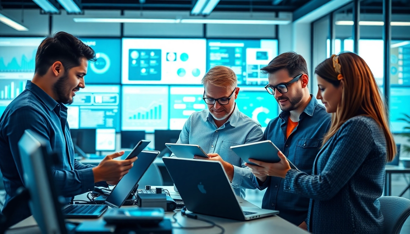 Engaged managed IT provider team collaborating in a high-tech workspace.