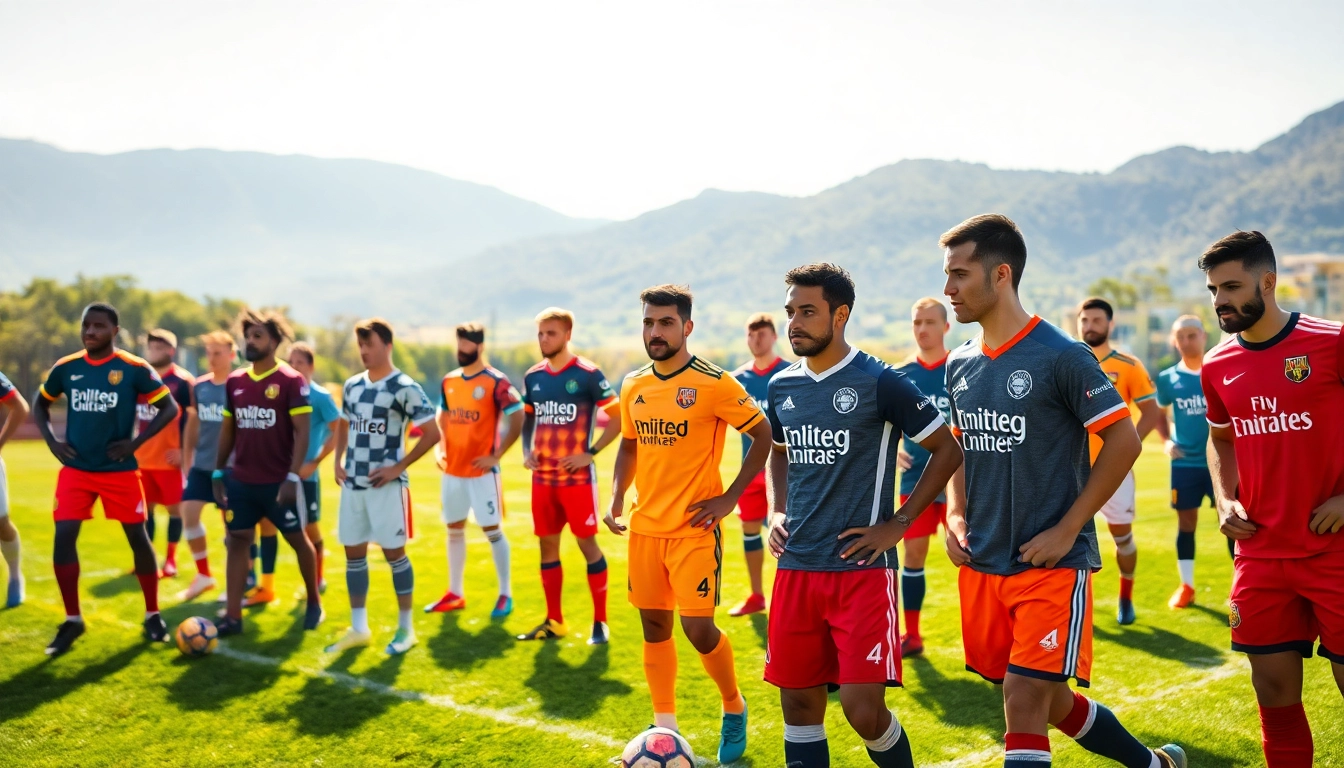 Showcase of team football kits worn by diverse players in vibrant practice session