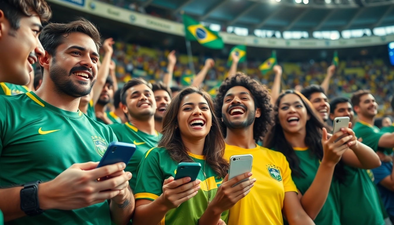 Engaged fans participating in sports betting Brazil during a football match.