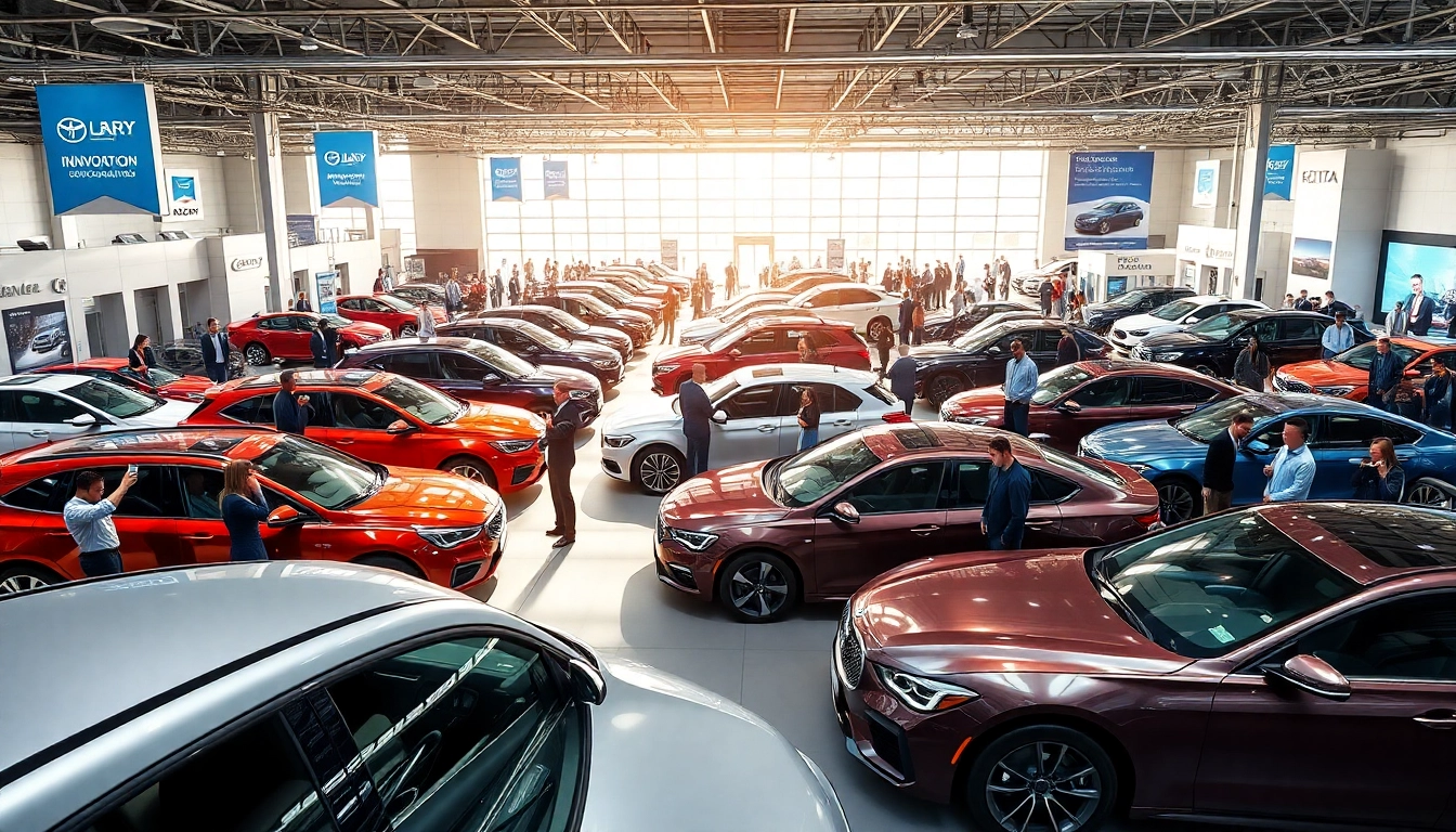 Engaging view of an auto cars show with diverse vehicles and excited attendees exploring.