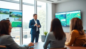 Showcase real estate agent advising clients in a vibrant office setting with digital tools.