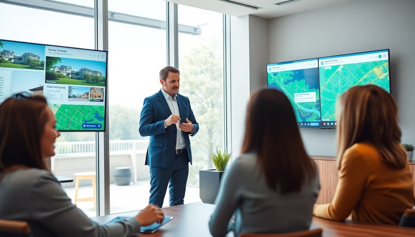 Showcase real estate agent advising clients in a vibrant office setting with digital tools.