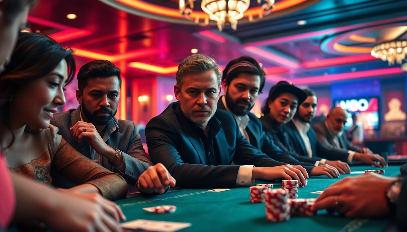 Jelas menampilkan poker online game di meja kasino mewah dengan pemain fokus dan suasana kompetitif.