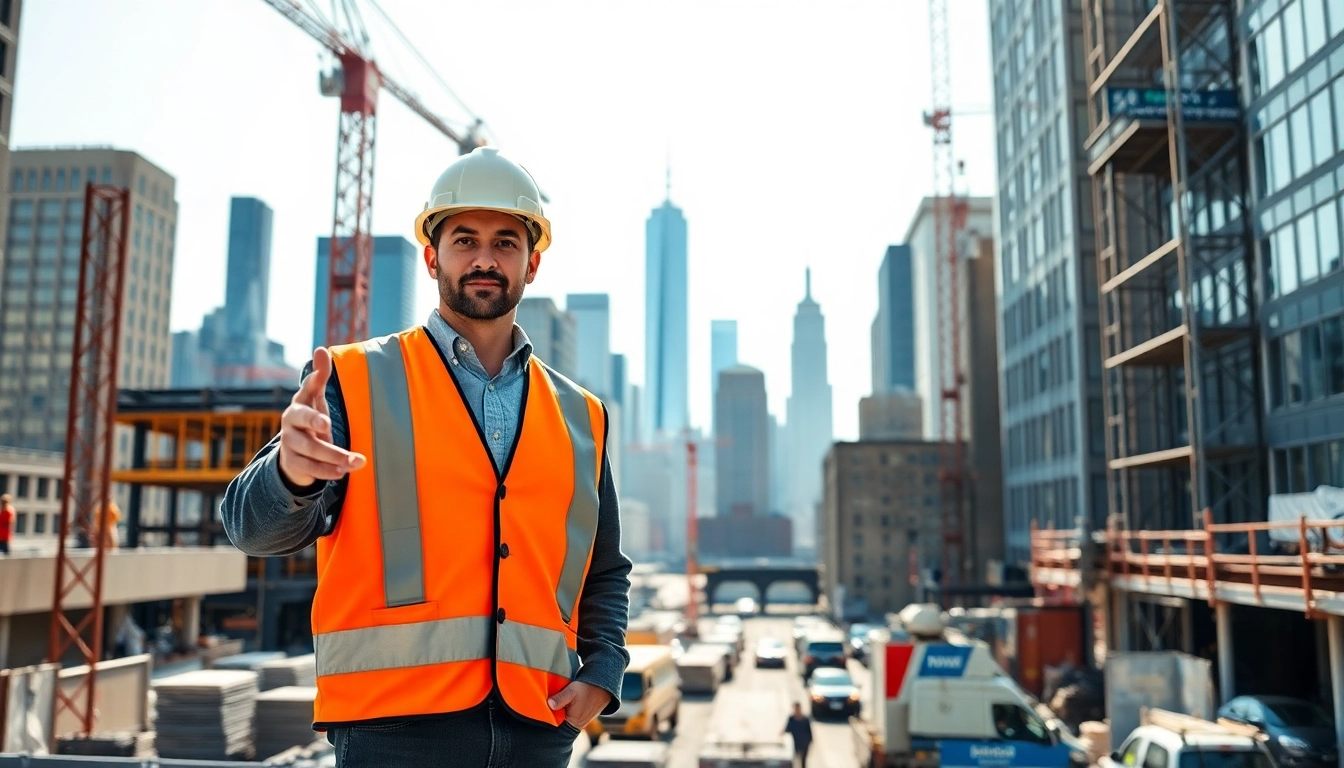 New York Construction Manager directs a bustling construction site with a city skyline backdrop.