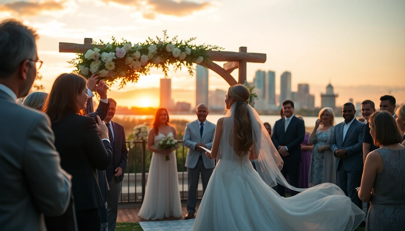 Wedding photographers in Tampa capturing a couple's heartfelt vows with a sunset backdrop.