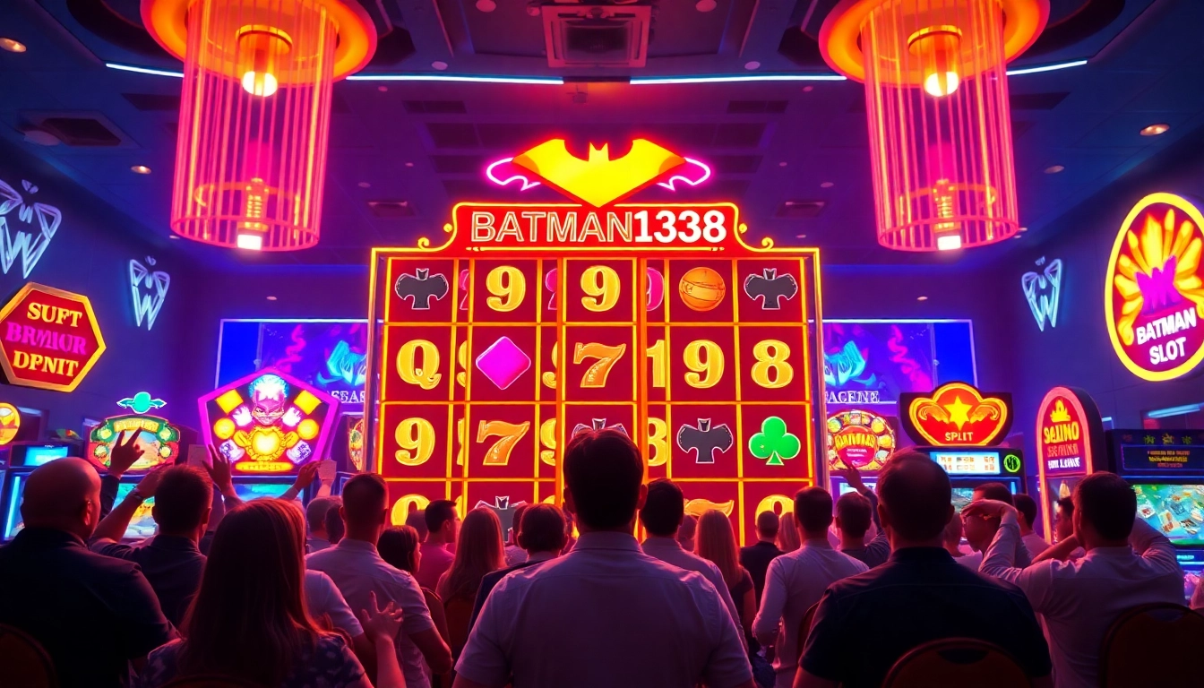 Menggambarkan momen bermain batman138 slot dengan pemain bersemangat di lingkungan kasino online.