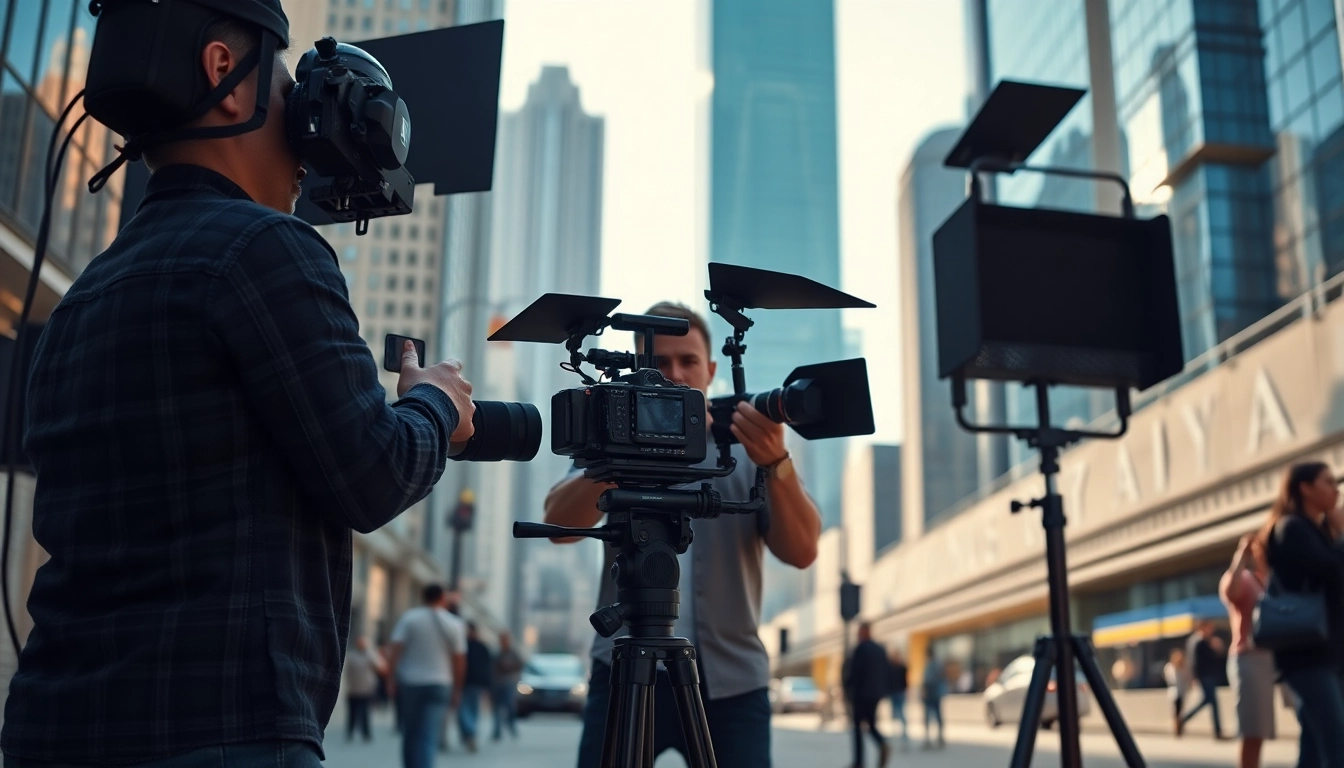 Engaging scene of commercial videography with a filmmaker directing a shoot in a bustling urban backdrop.