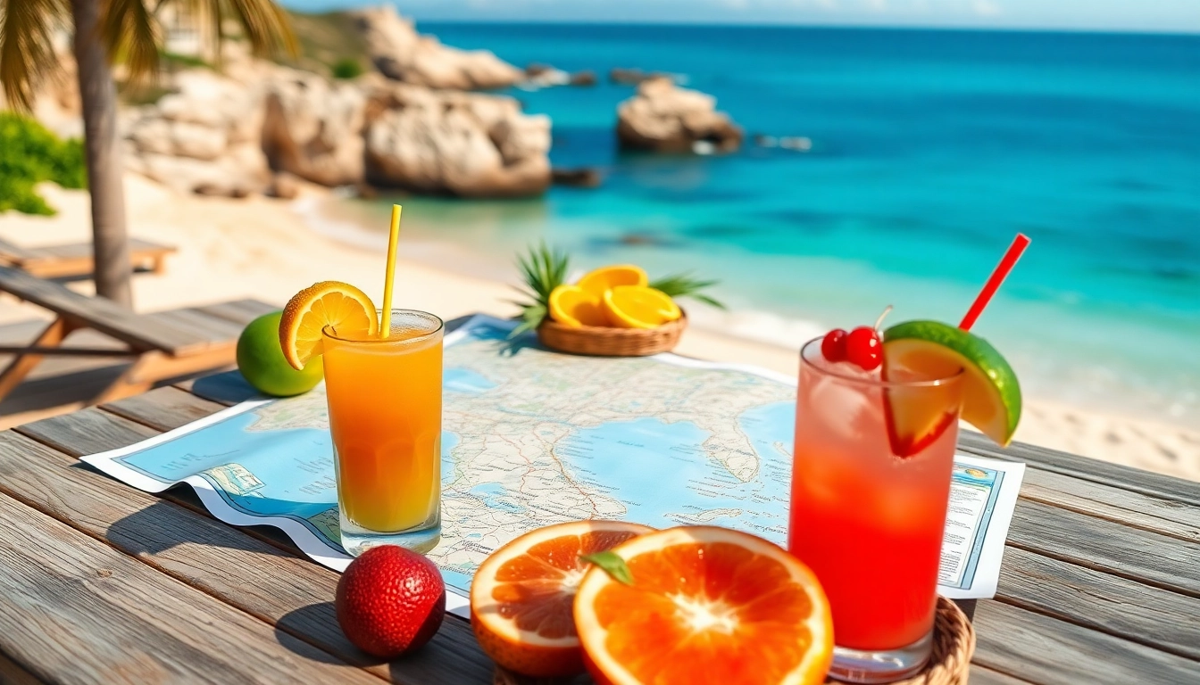 Cabo trip planner with a vibrant map and tropical elements on a beach setting.