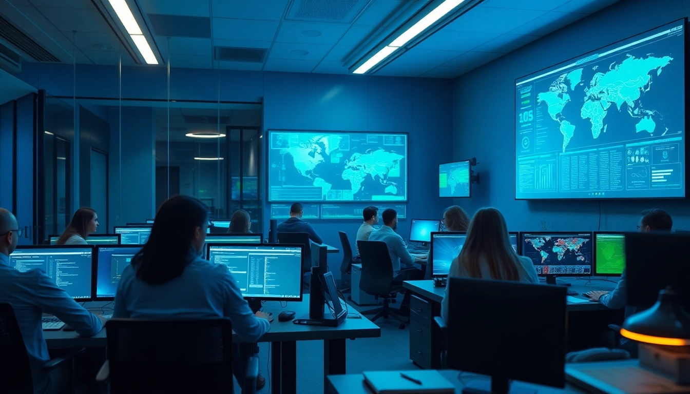 Managed Cybersecurity Tampa team collaborating in a high-tech operations center.