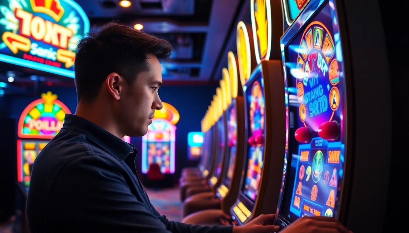 Main player at situs slot gacor captivating slot machine, showcasing excitement and vibrant colors.