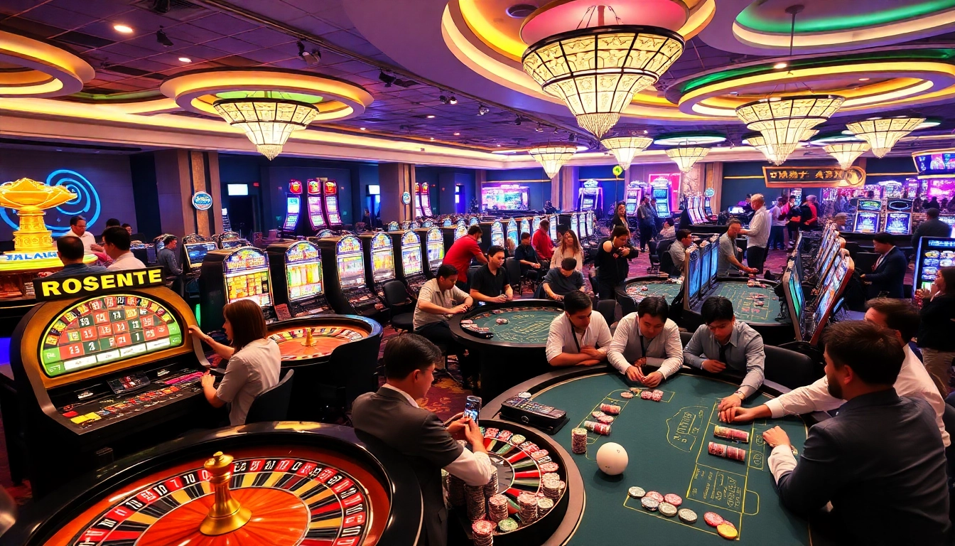 Vibrant casino atmosphere with roulette wheels, poker chips, and slot machines representing KJC AC 3 gambling excitement.