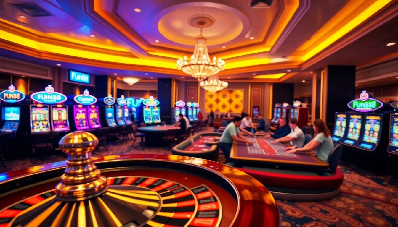 Exciting Fun88 casino scene with roulette and poker players in a vibrant gaming environment.