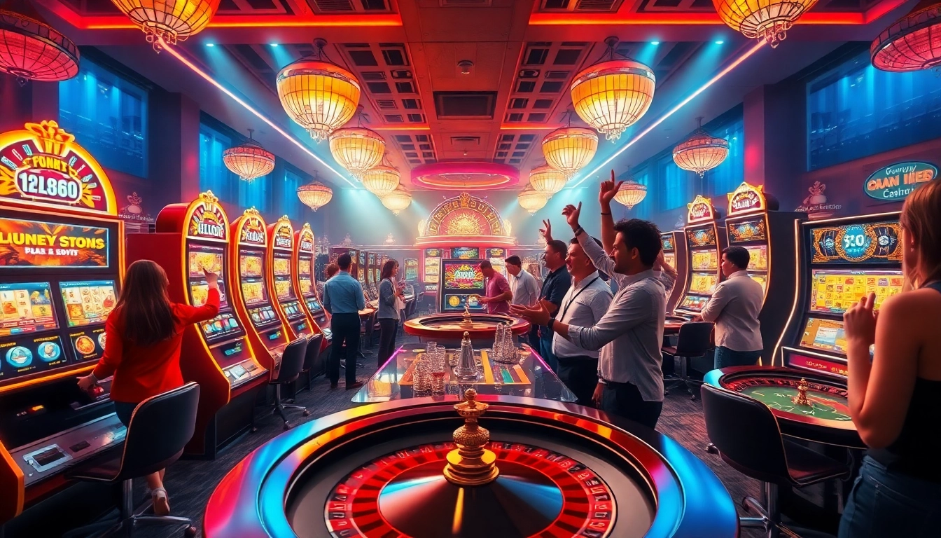 Exciting online casino scene showcasing fly88 okvip with vibrant slot machines and enthusiastic players.