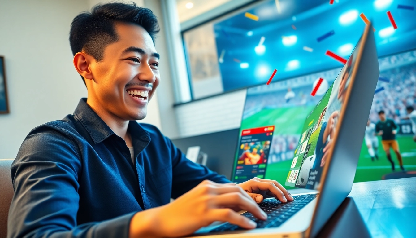 Hello88 online betting platform, featuring an enthusiastic user engaging with digital betting options on a laptop.