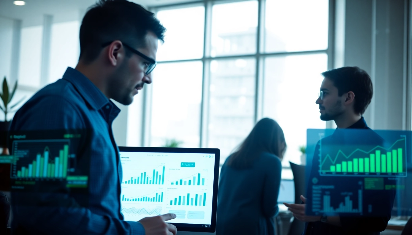 Team analyzing competitive intelligence data with charts in a modern office.