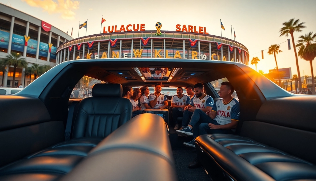 World Cup Group Transportation in a luxurious limousine with excited fans entering for the match.