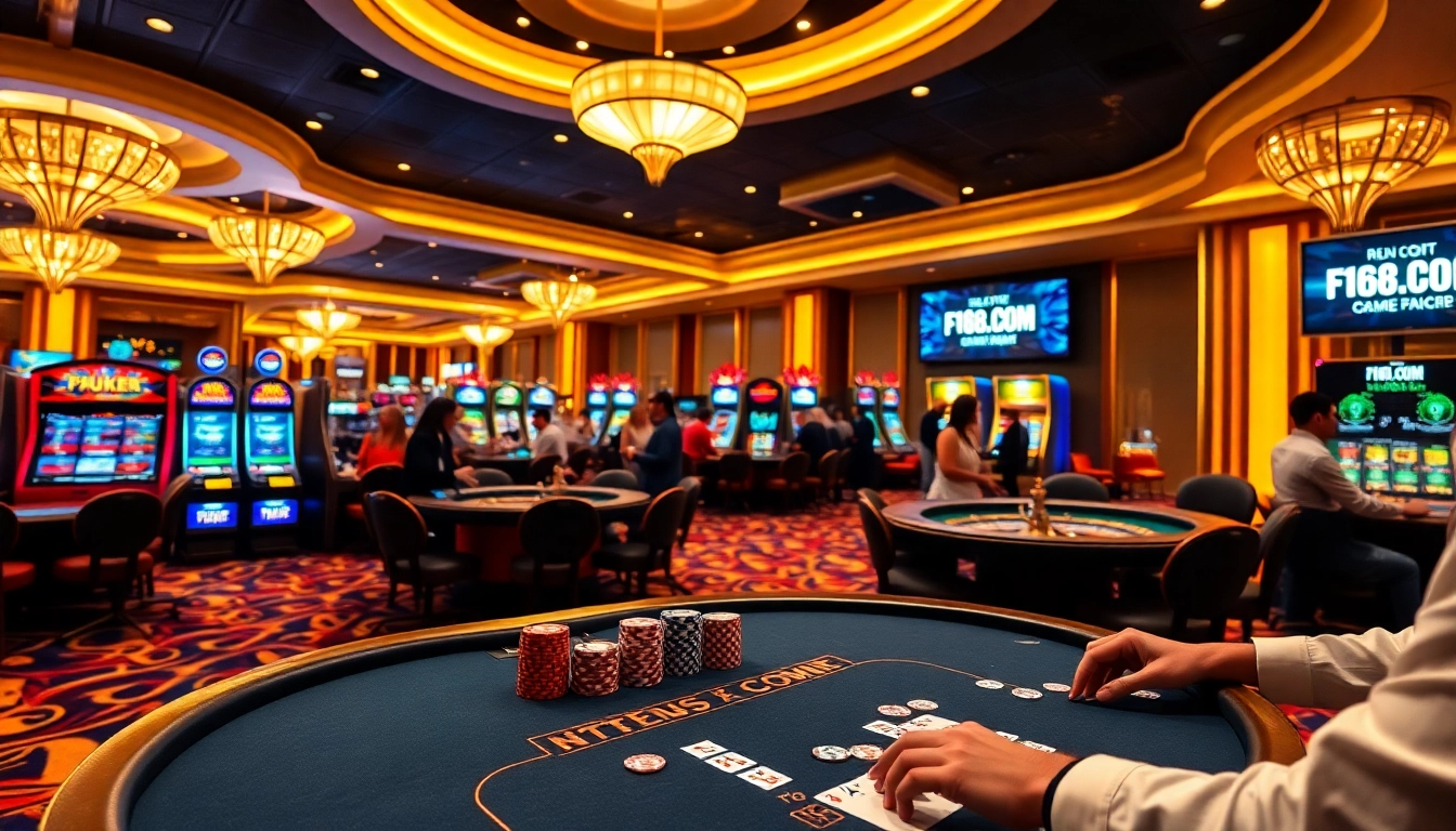 Players enjoying a thrilling poker game at F168.COM, with luxurious casino elements and vibrant atmosphere.