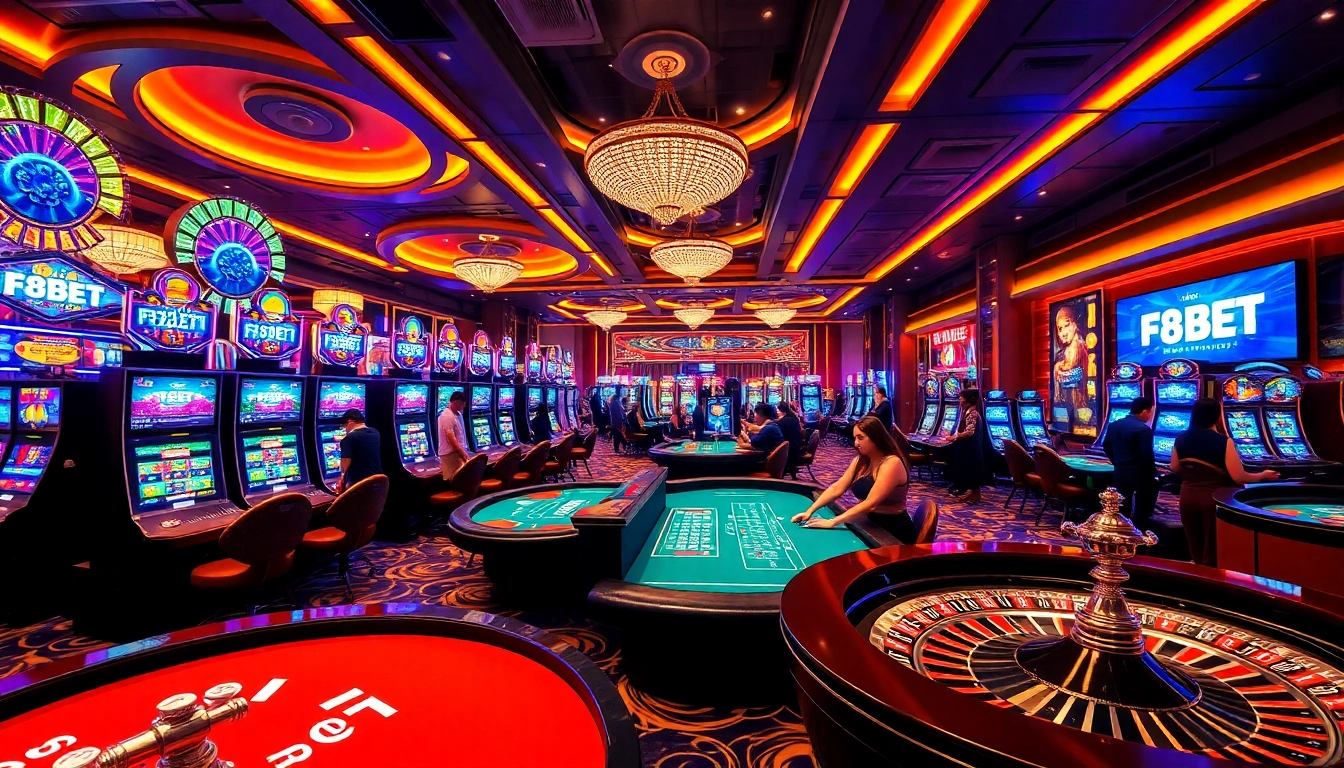 Players enjoying a thrilling F8BET casino experience with vibrant slot machines and roulette.