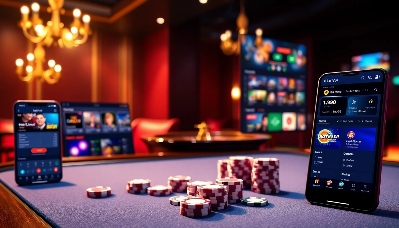 Một cảnh casino lấp lánh giới thiệu ứng dụng Bet VIP trong một không gian sang trọng với chip poker và bánh xe roulette.