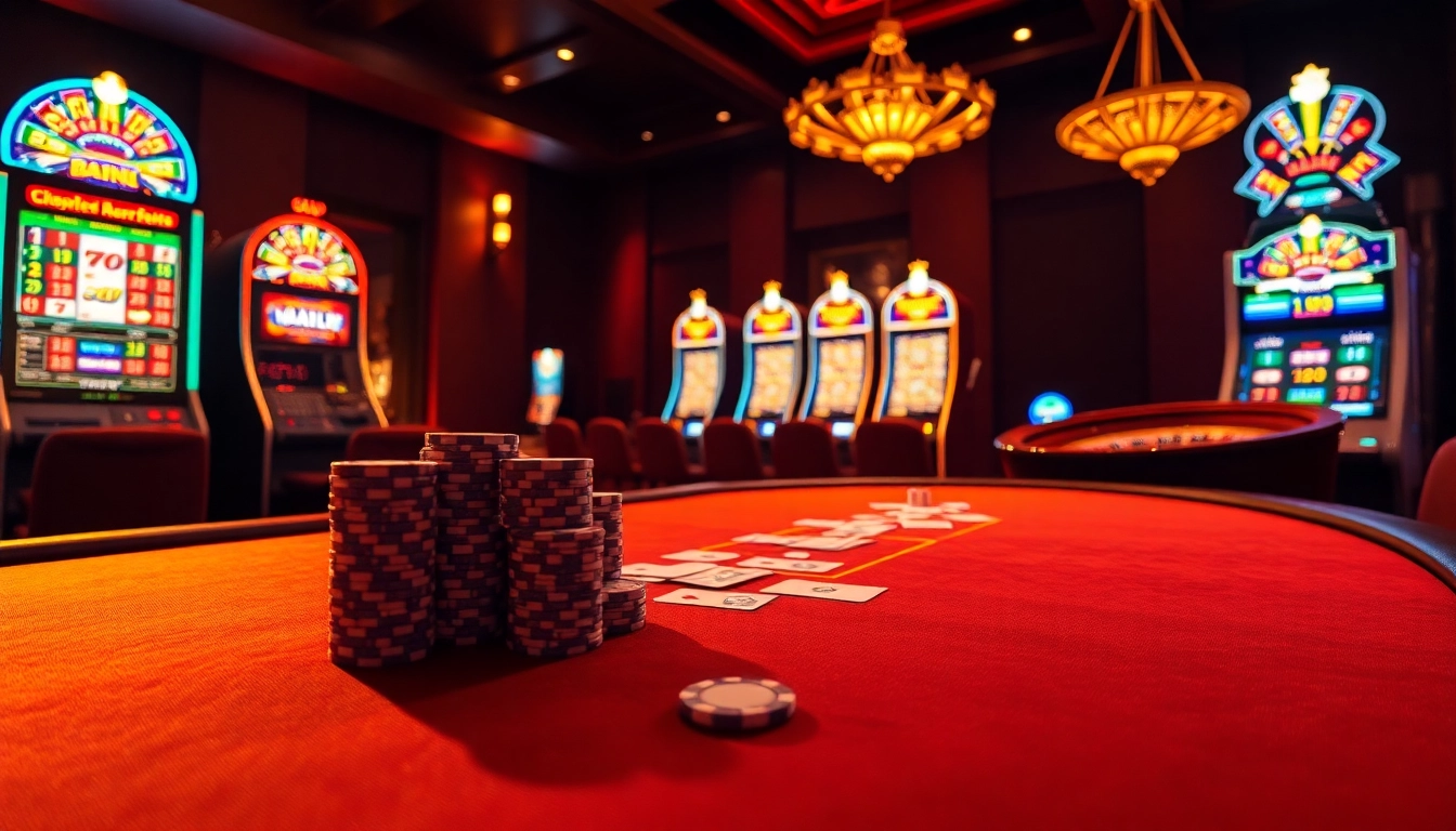 Experience the excitement of doaslot at a luxurious casino poker table filled with vibrant slot machines.