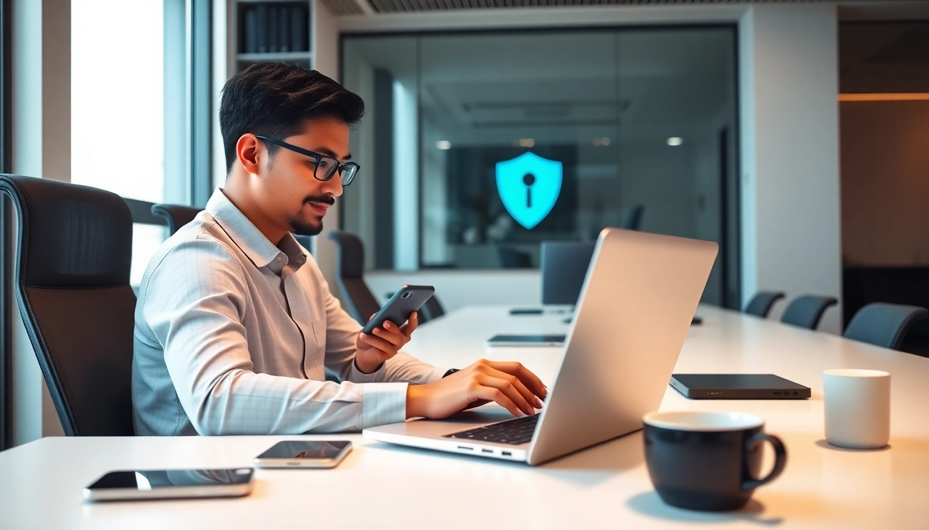 快连官网 user connecting securely using a laptop and smartphone in a modern office.