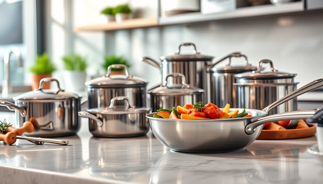 Stunning collection of stainless steel cookware NZ set against a modern kitchen backdrop.