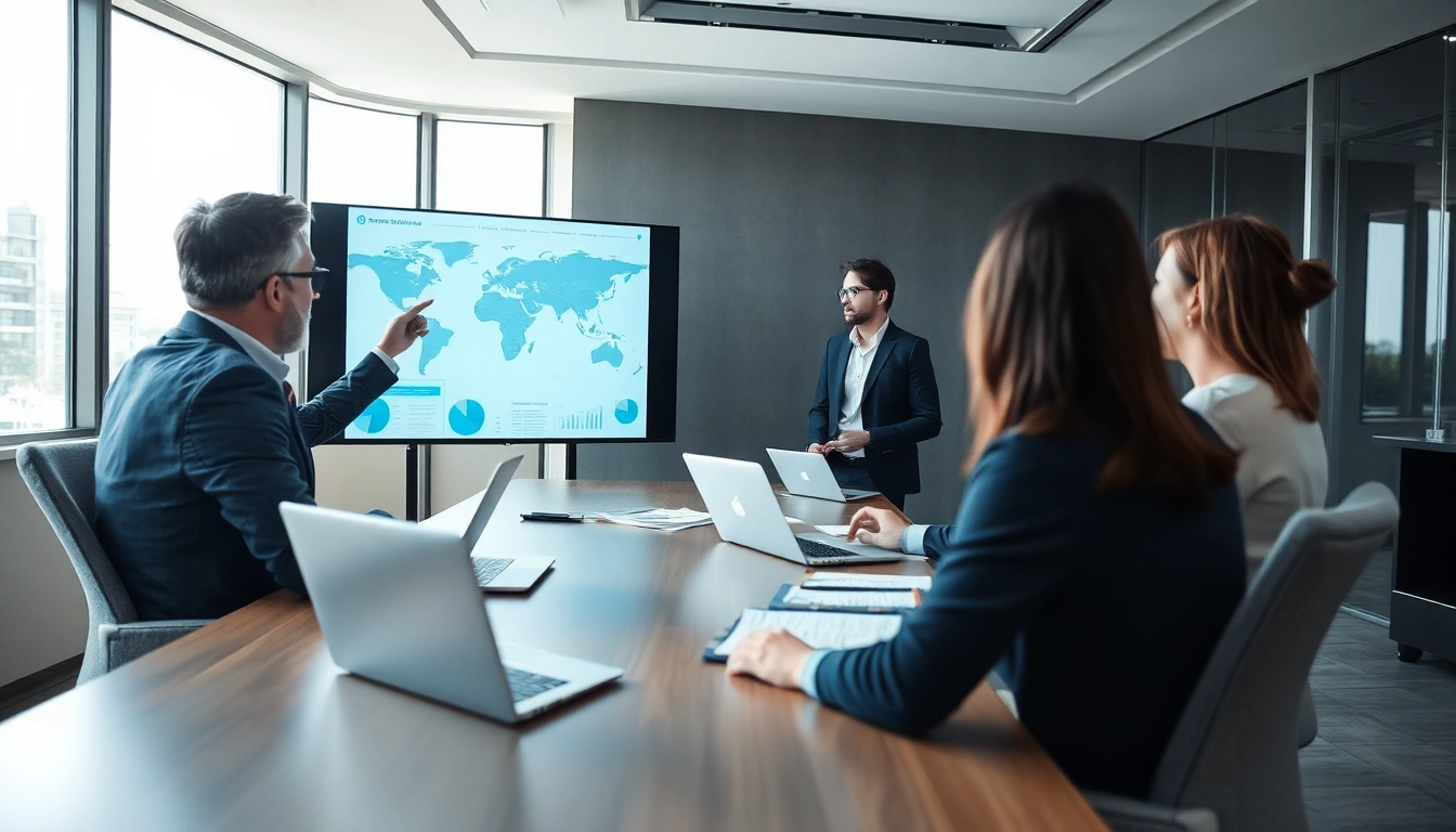 Crisis management consultant facilitating a strategic meeting in an office.