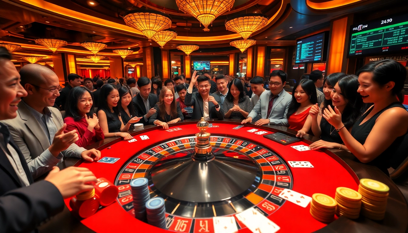 Experience the thrill at rr88 with vibrant gamblers enjoying a roulette game in an upscale casino setting.