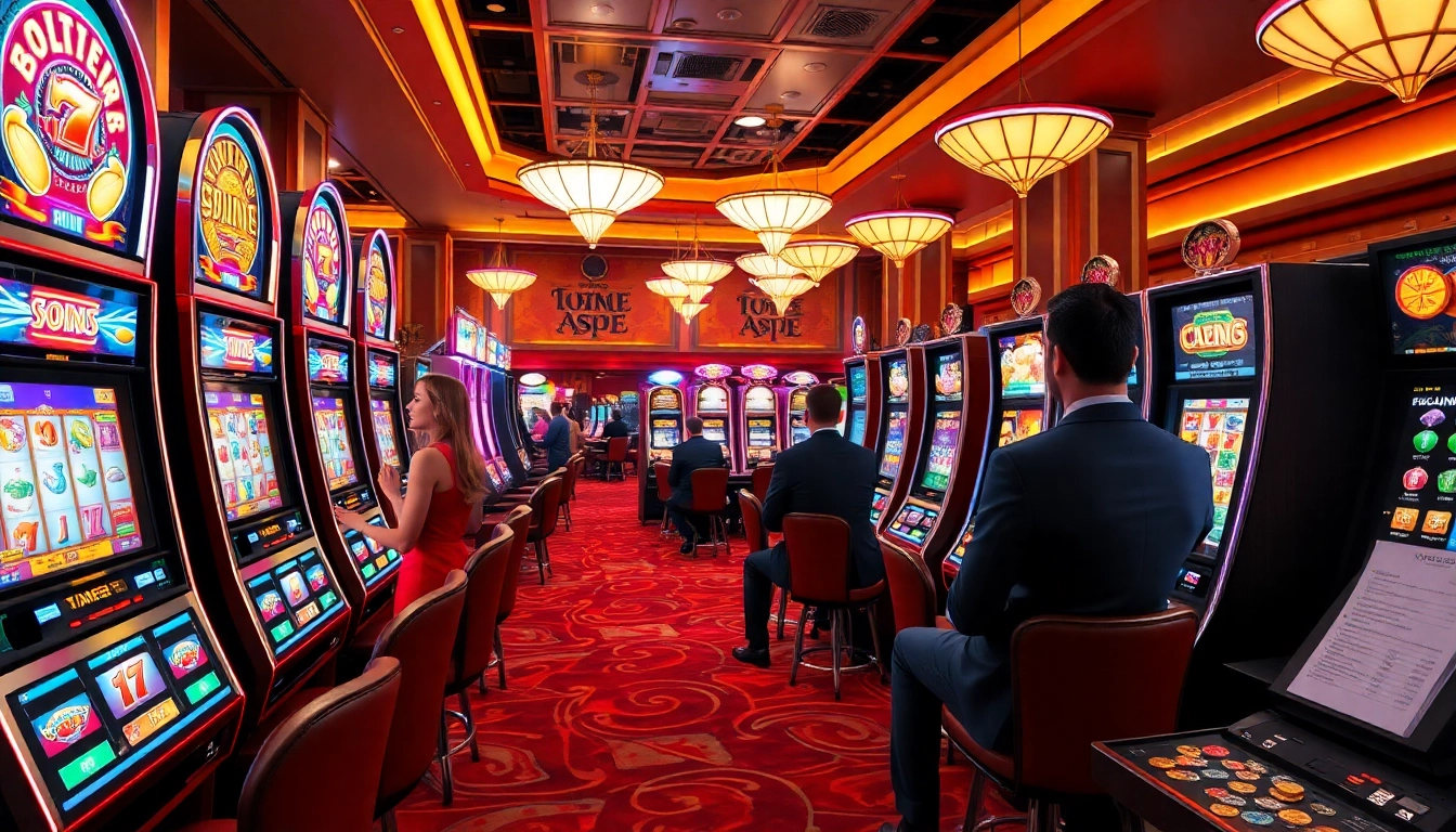 Players excitedly engage with various slot machines in a vibrant casino atmosphere.