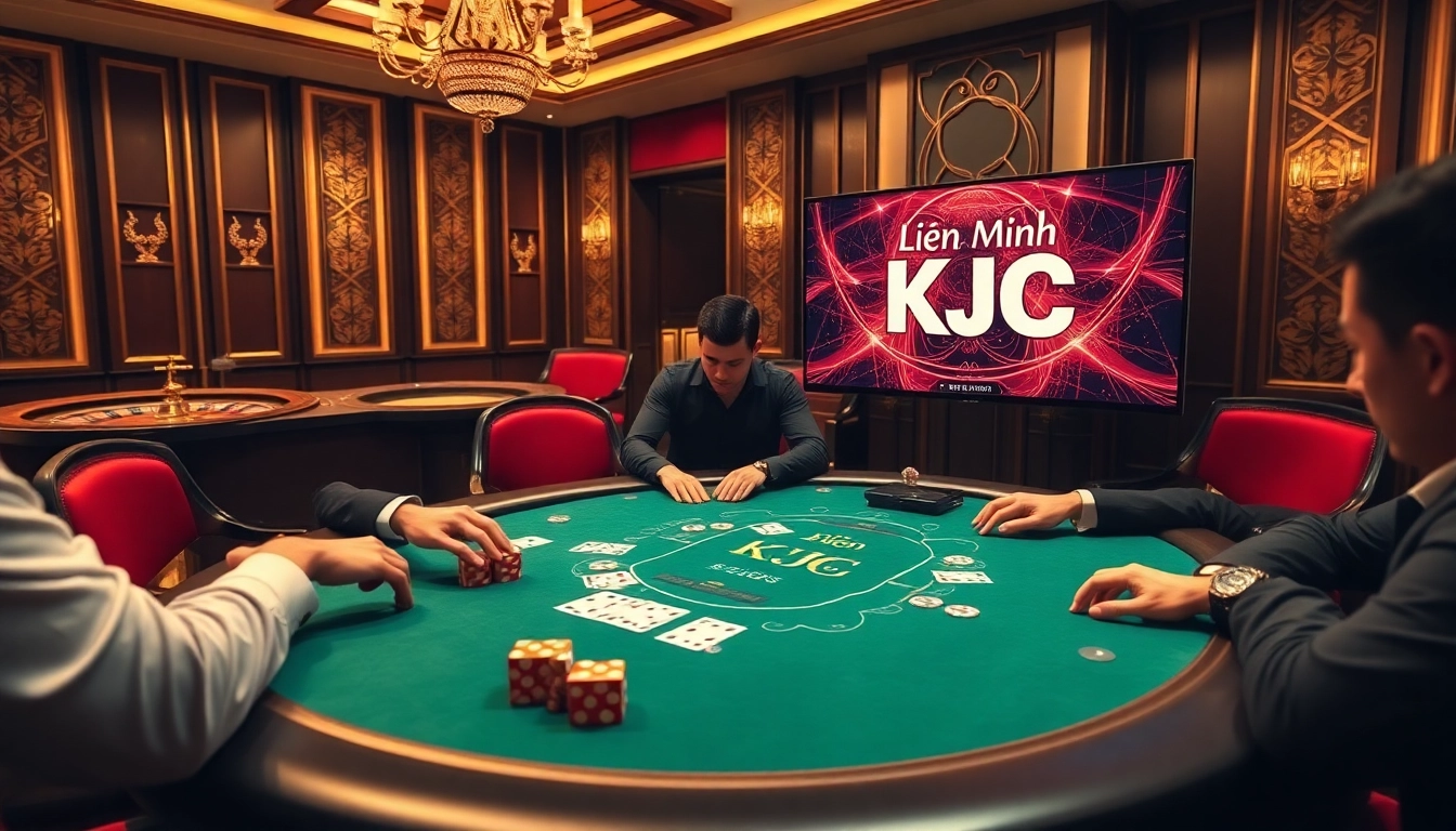 Intense poker action at a luxurious table featuring Liên Minh KJC in a captivating casino atmosphere.