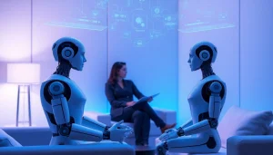 Engaging humanoid robots in a futuristic setting illustrating ai sex interactions.