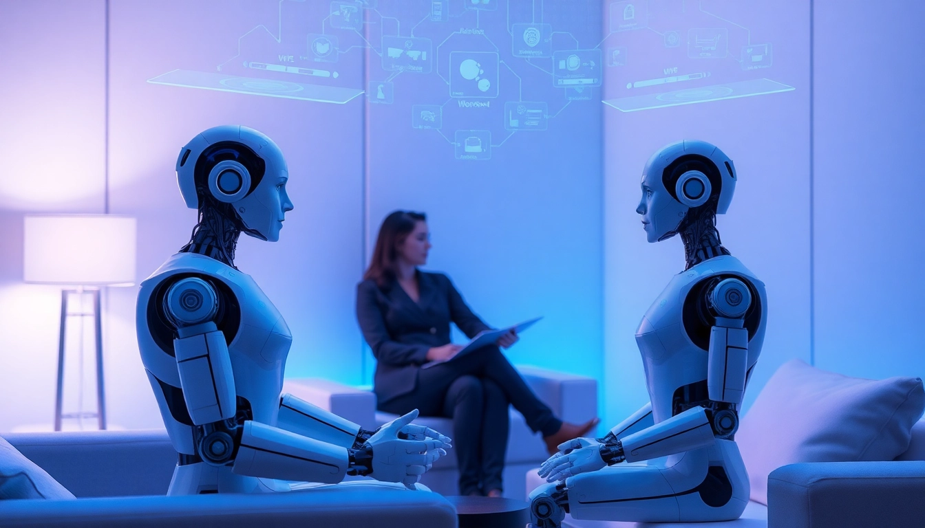 Engaging humanoid robots in a futuristic setting illustrating ai sex interactions.