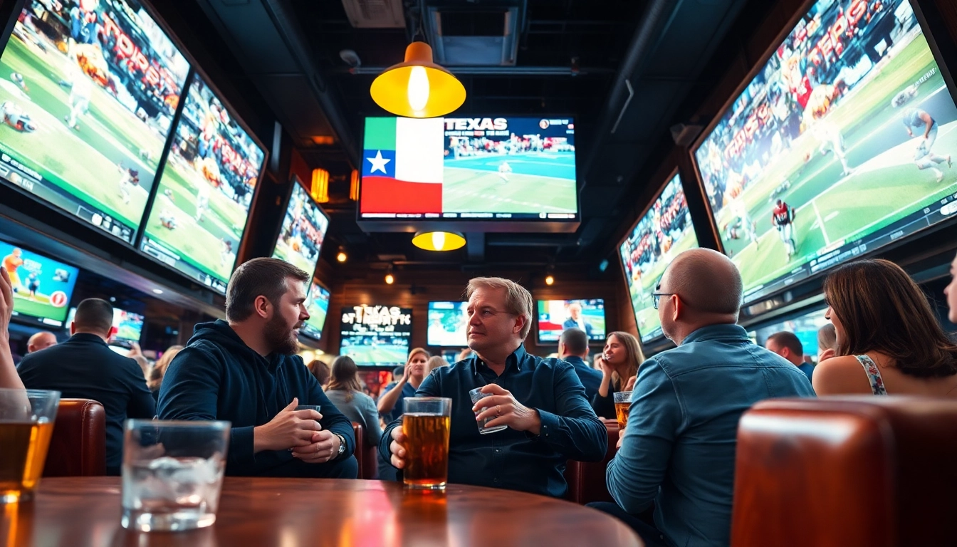 Engaged friends discussing Texas sports betting strategies in a vibrant sports bar.