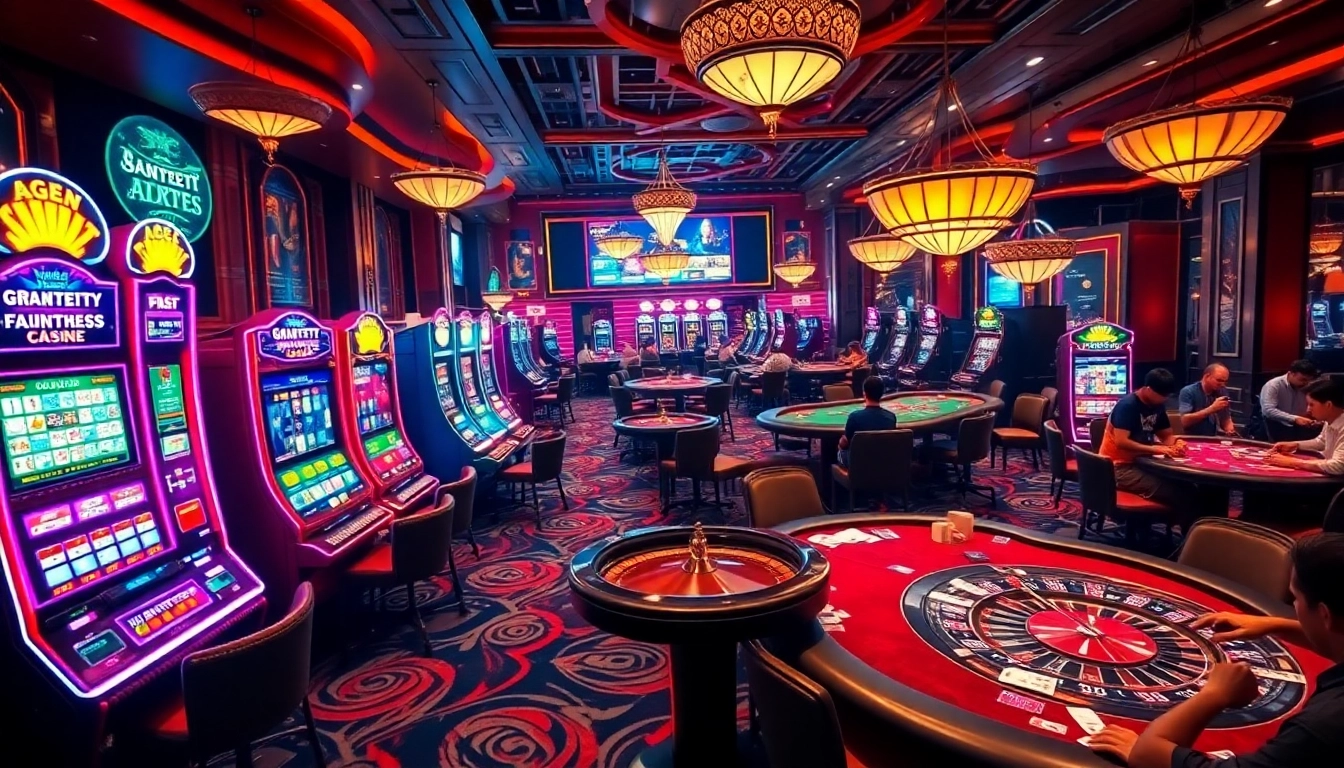 Engaging scene of a casino with vibrant slot machines and tables featuring the keyword agen toto slot amid the excitement of gameplay