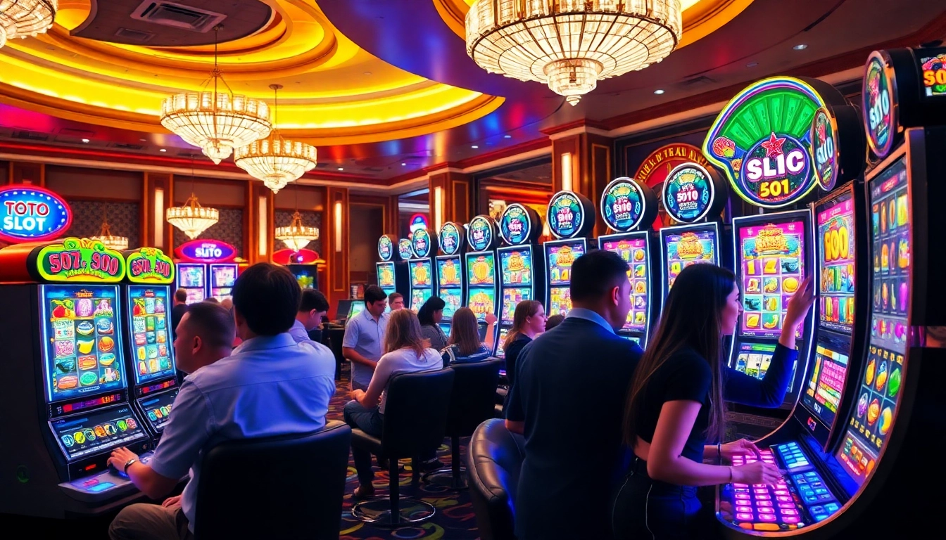 Pengalaman Toto Slot yang mendebarkan di dalam kasino mewah, dengan mesin slot yang berwarna-warni dan pemain yang antusias.