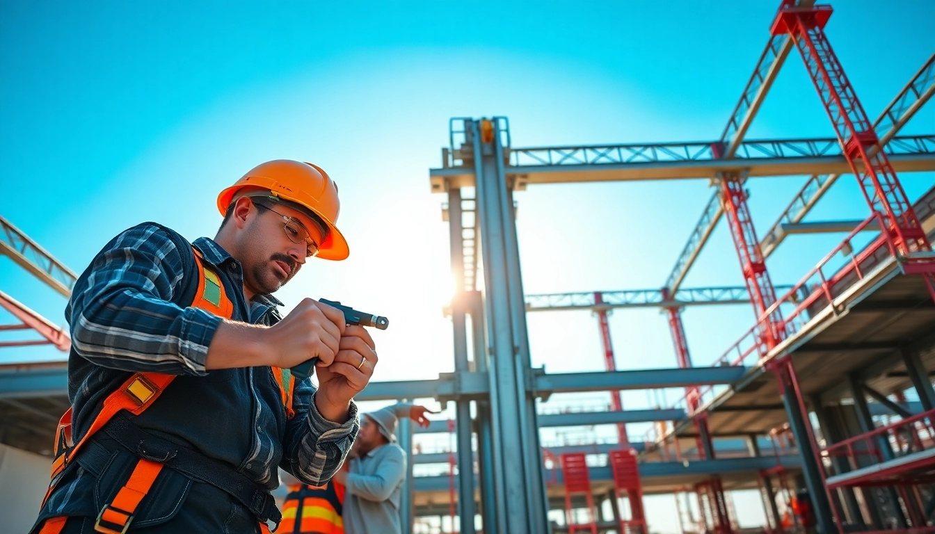 Workers engaged in structural steel installation on a construction site, showcasing precision and teamwork.