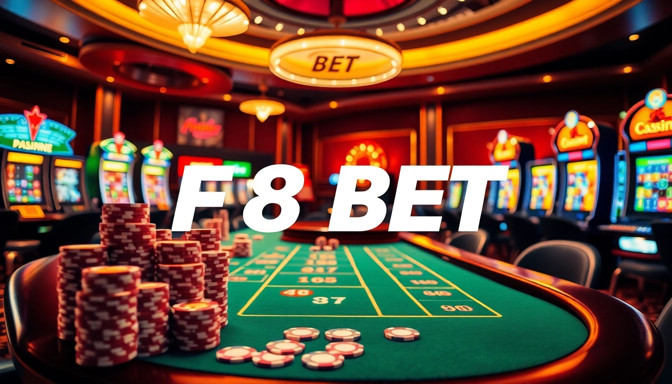 Experience the thrill of gambling with F8 BET at a luxurious casino scene filled with vibrant tables and exciting games.