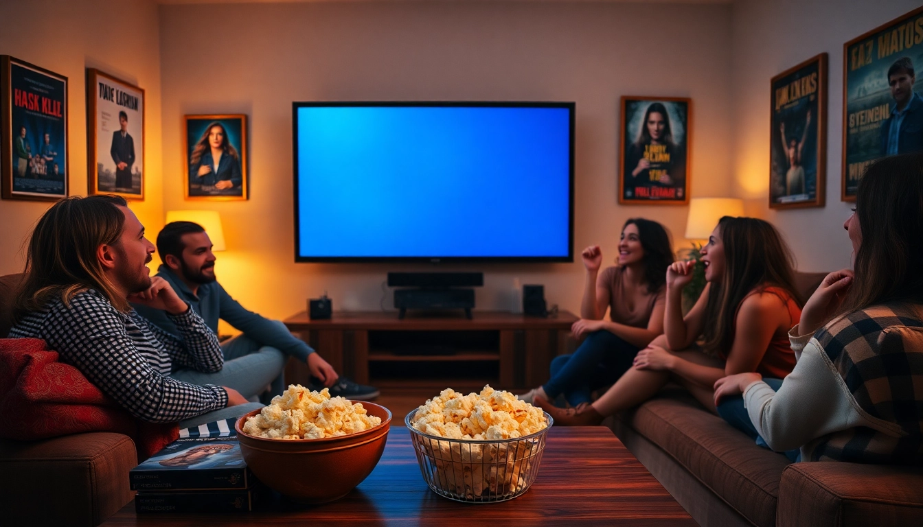 Friends enjoying movie night with films online subtitrate in Romanian.