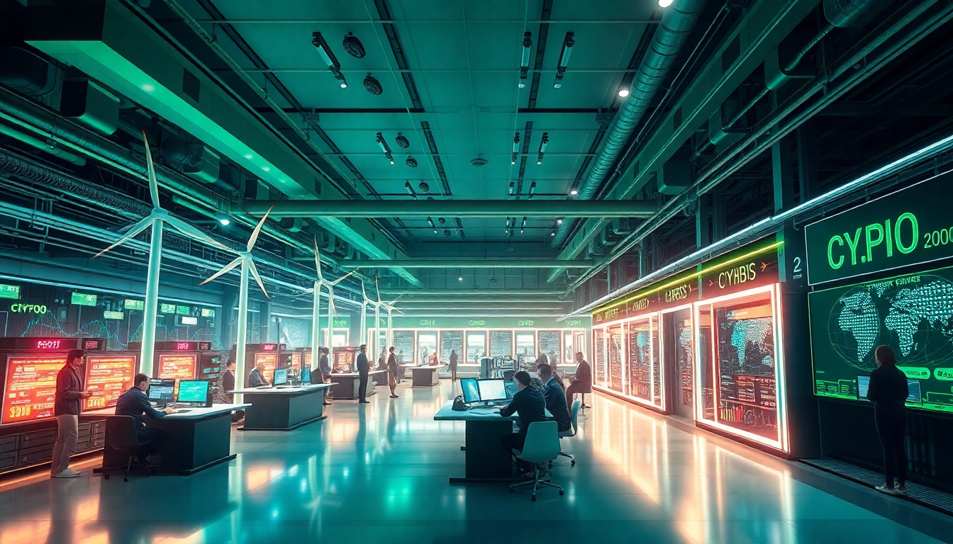 Dynamic view of a futuristic facility showcasing cluod mining with renewable energy sources and advanced technology.