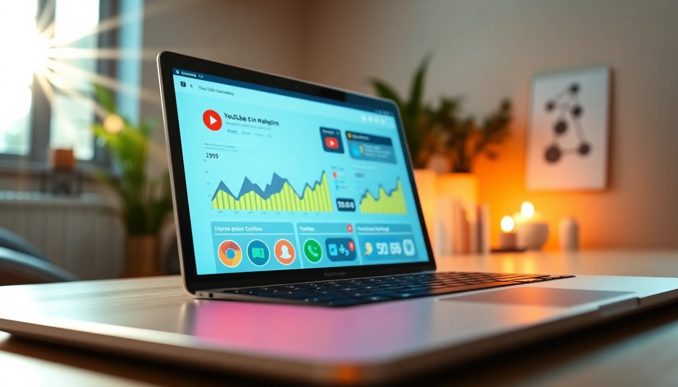 View of a youtube smm panel with analytics on a laptop screen, showcasing social media growth.