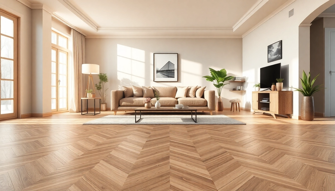 Magnifique salon présentant un carrelage imitation parquet aux tons chauds.
