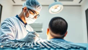 Detailed view of a hair transplant procedure showcasing a skilled surgeon and patient interaction.