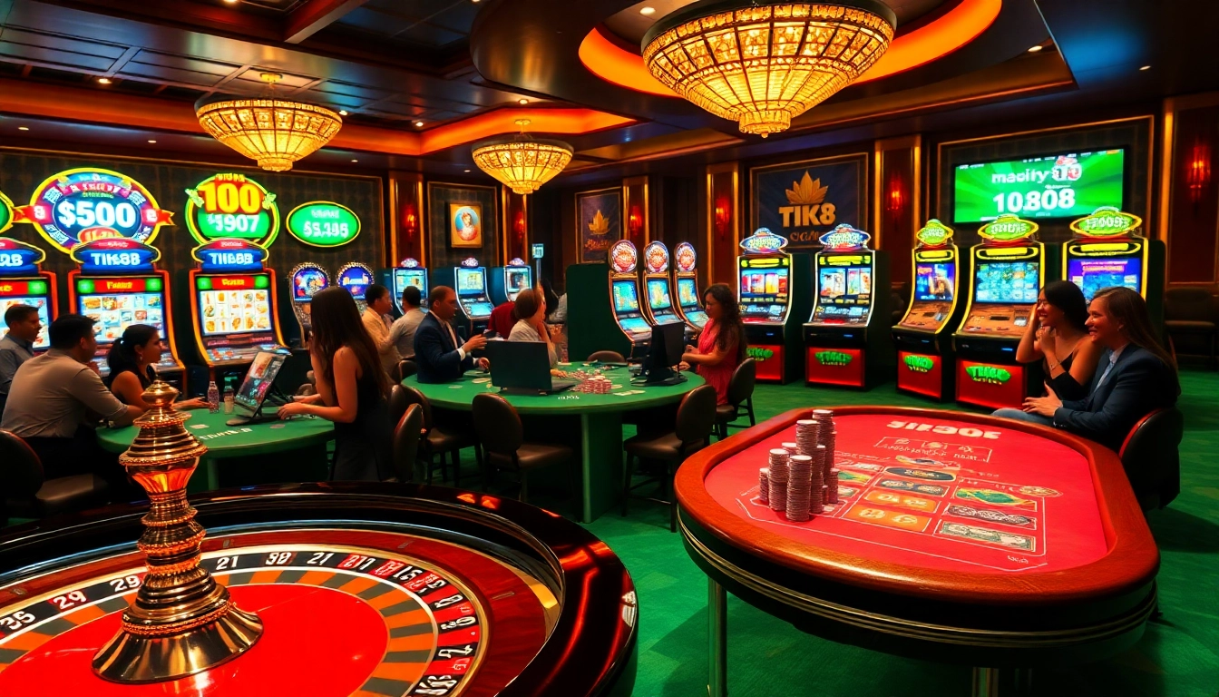 Cảnh casino sôi động với hoạt động trên ứng dụng Tik88, bao gồm roulette, bàn poker và máy đánh bạc.