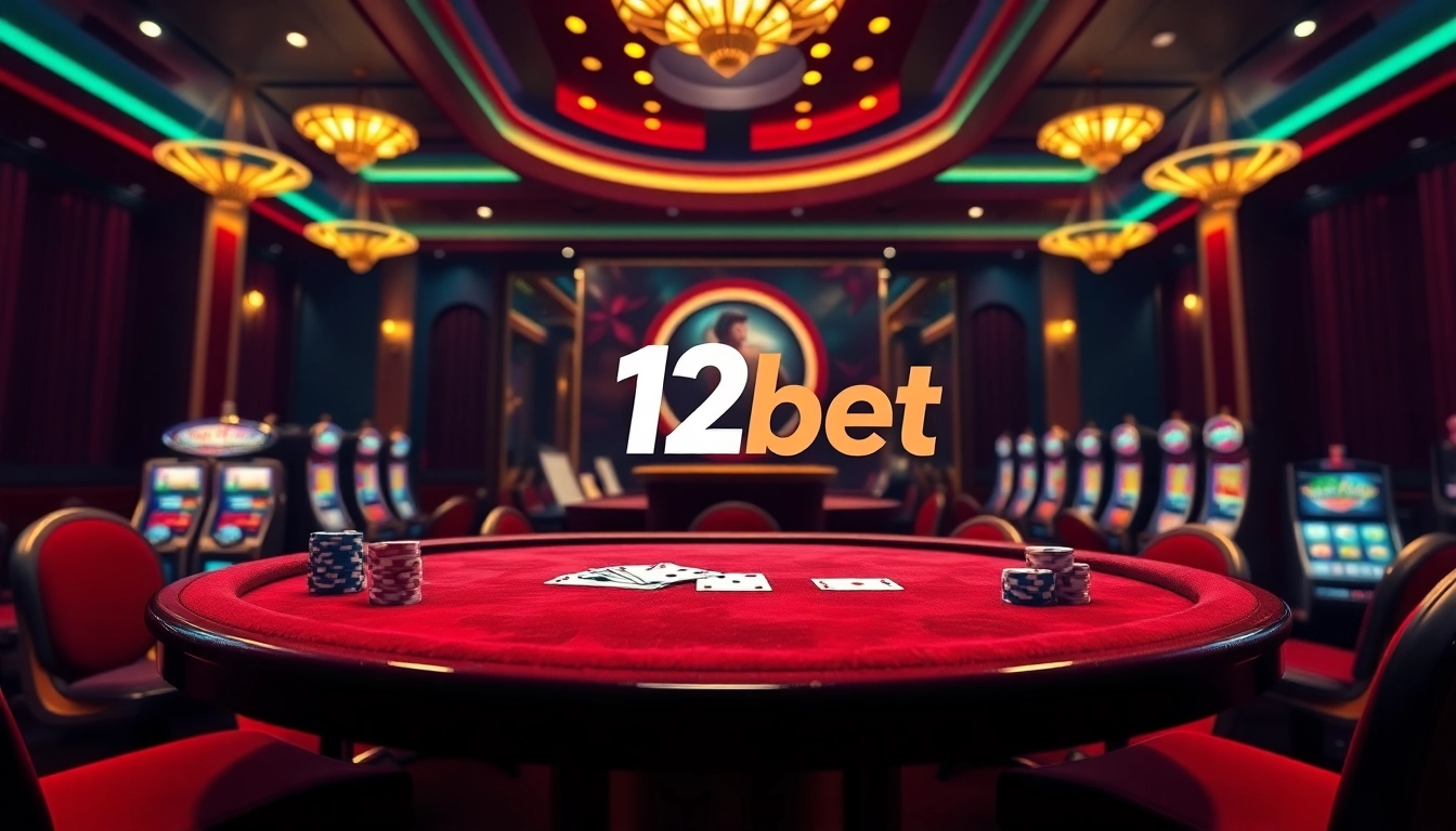 Experience the thrill of 12bet with an engaging casino atmosphere featuring gaming tables and slot machines.